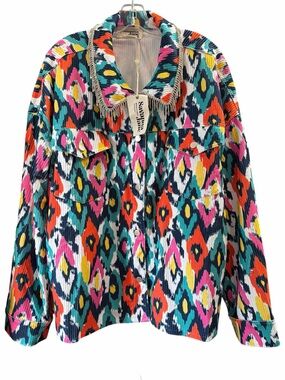Savanna Jane Rhinestone Fringe Corduroy Ikat Jacket Plus Size 3X Western Glam